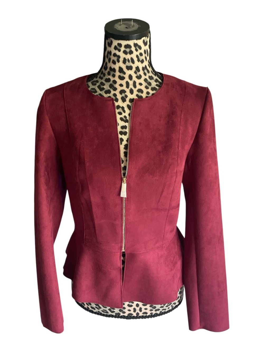 Tailored Burgundy Zip-Front Peplum Blazer